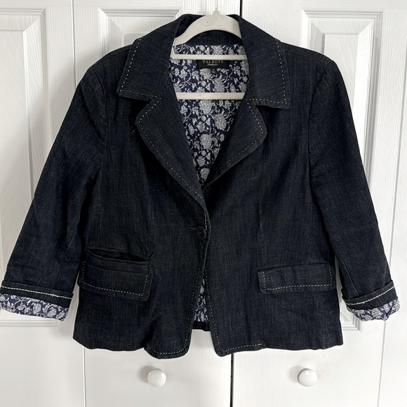 Talbots Jackets & Blazers - Talbots Dark Wash Denim Blazer Jacket Blue/White Stitching Floral Lining - 12